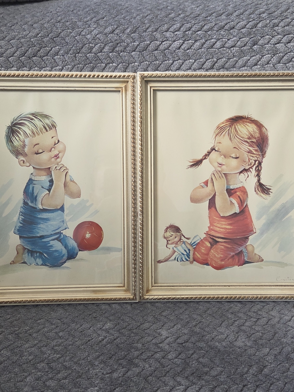 Vintage Constanza Praying Boy & Girl Framed Prints Pair Mid Century Kitsch